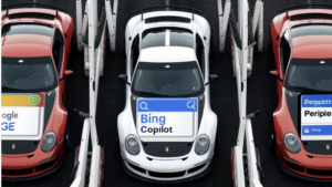 Race cars with different AI chatbot logos on them