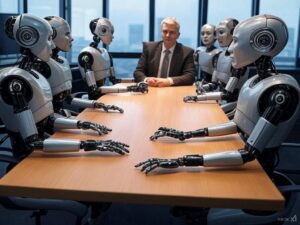 Group of AI bots at a conference table with suited human lead at the top.