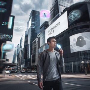 Man walks in a futuristic city with AI-generated elements and a glowing phone.