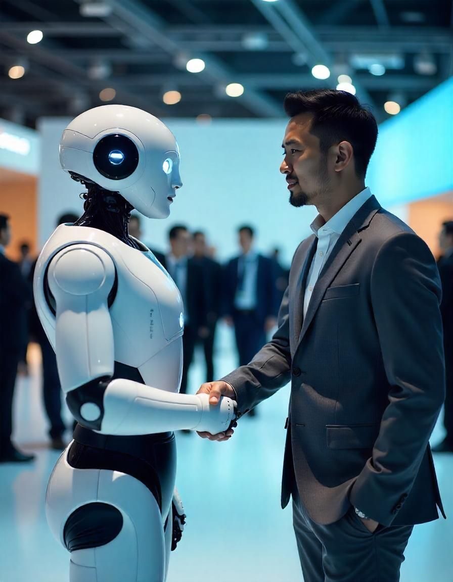 A business person in a suit shakes hands with a humanoid robot at a futuristic event, symbolizing human-AI collaboration.