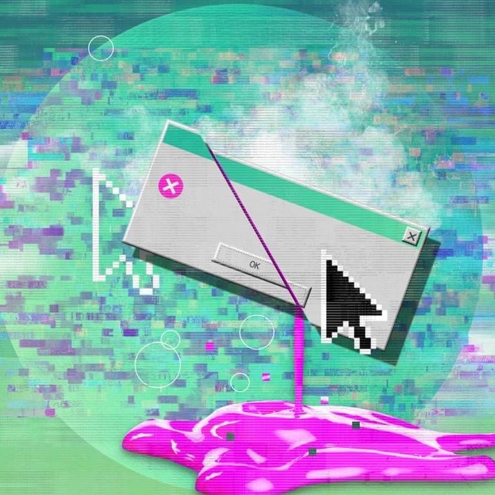 A glitchy, surreal digital artwork featuring a distorted error message window dripping vibrant purple liquid, with pixelated cursors and a fragmented, futuristic background.
