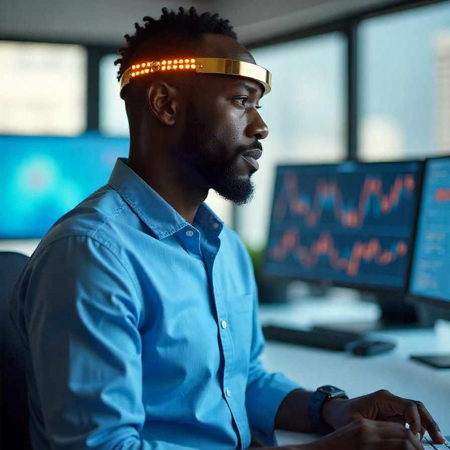Man wearing a futuristic headband works at a computer with data charts on screens.