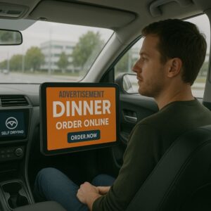 A person sits in the backseat of a self-driving car, looking at a digital screen displaying an in-car ad that says "Dinner Order Online – ORDER.NOW."