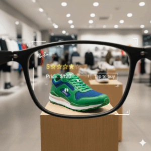 First-person view through Ray-Ban Meta glasses showing a Schulich-branded blue and green sneaker with AR price and rating overlays in a store.