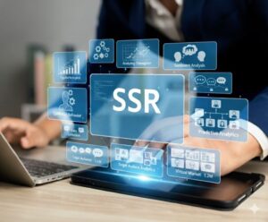 A person working on a laptop with a digital interface displaying “SSR” surrounded by icons for analytics, sentiment analysis, data collection, and predictive insights.