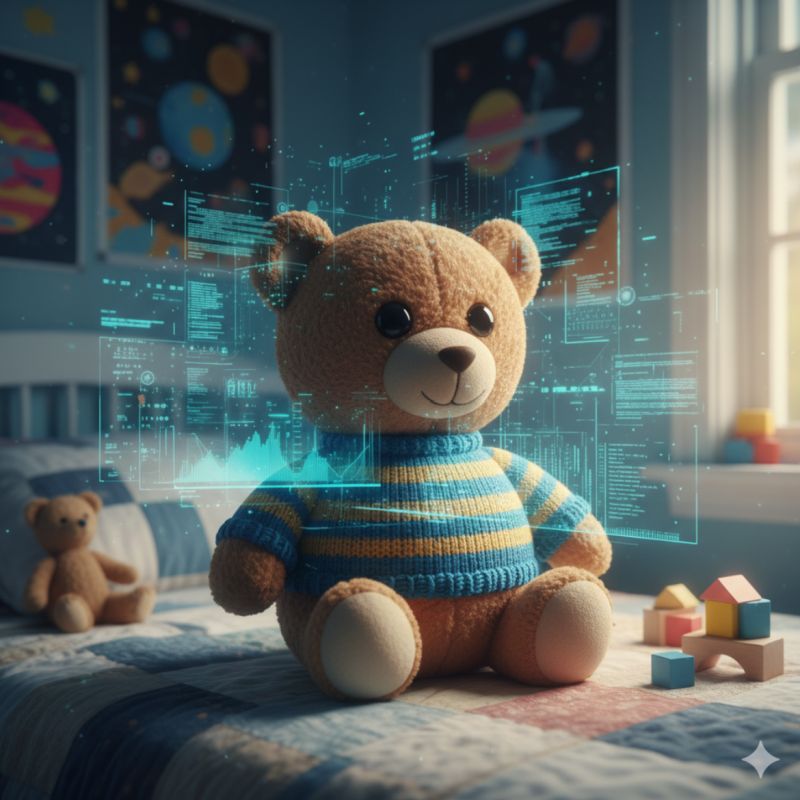 Teddy bear in a striped sweater on a child’s bed with holographic data overlays, suggesting a smart connected toy.