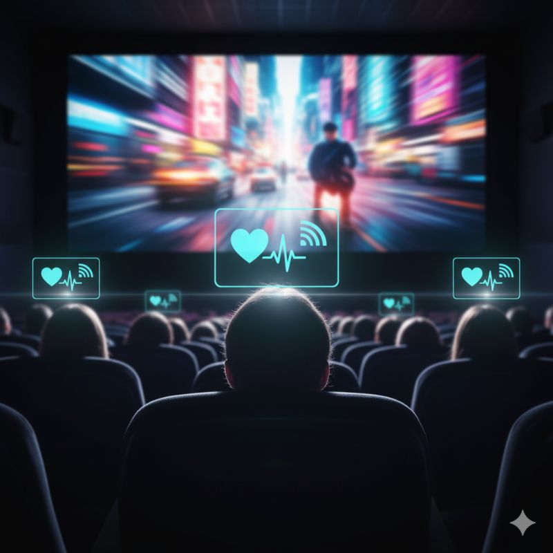 People in a movie theater watch a fast action scene while glowing heart icons show their heartbeats.