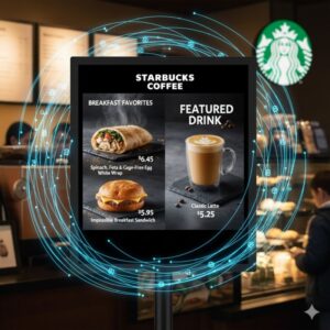 Image showing Starbucks coffee, featured drink and breakfast favourites. With a tech like ring, showing innovation.