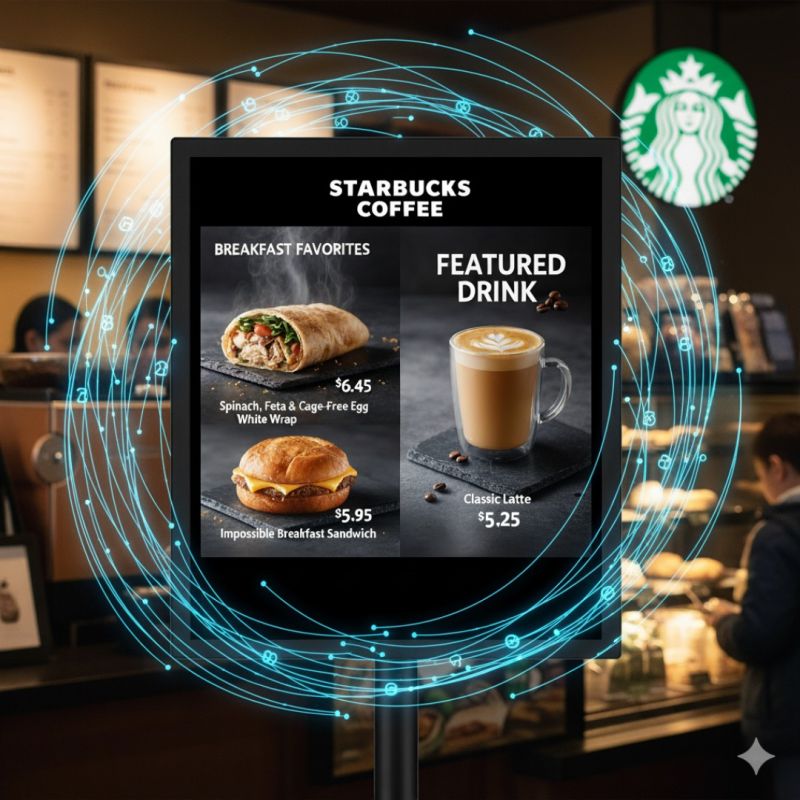 Image showing Starbucks coffee, featured drink and breakfast favourites. With a tech like ring, showing innovation.