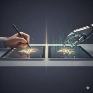 A human hand draws a gold logo on a tablet with a stylus while, on a second tablet, a robotic hand generates the same logo. Green code rises from the AI side, highlighting the contrast between human design and machine creation.