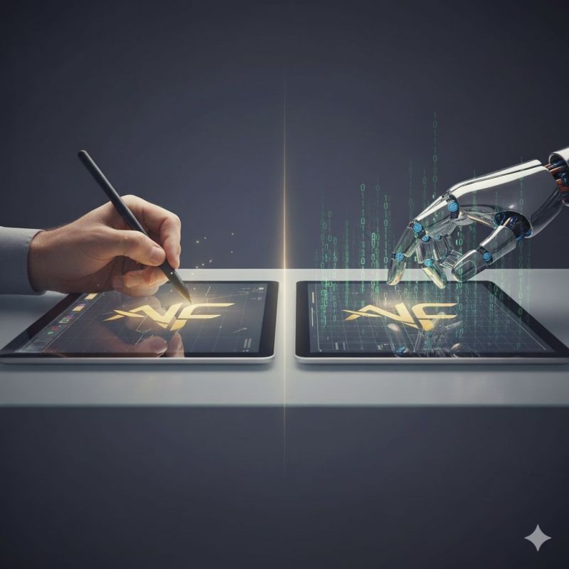 A human hand draws a gold logo on a tablet with a stylus while, on a second tablet, a robotic hand generates the same logo. Green code rises from the AI side, highlighting the contrast between human design and machine creation.