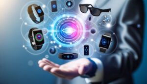 A person in a suit holds out their hand as smartwatches, AR glasses, fitness bands, and other futuristic wearables float above it in a digital halo. At the center, a glowing eye-shaped interface symbolizes constant data tracking and surveillance in a hyper-connected world.