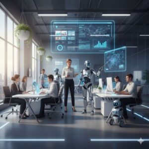 A modern office where humans and humanoid robots collaborate on digital marketing projects, surrounded by futuristic holographic screens displaying analytics and data visualizations.