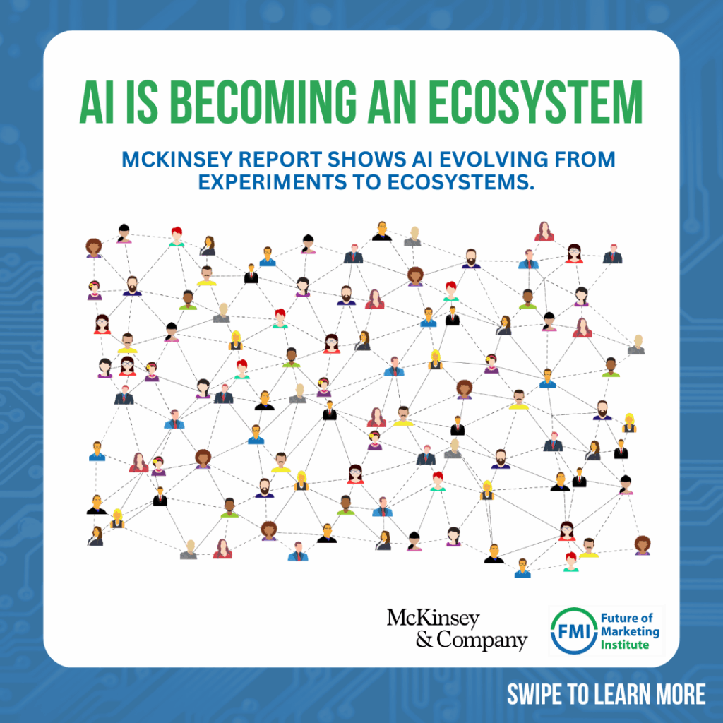 Illustration showing a connected network of diverse people, with text reading 'AI is becoming an ecosystem'.