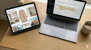 Tablet displaying a Pinterest mood board sits beside a laptop showing a ChatGPT analysis and a mug of coffee on a light wooden desk.