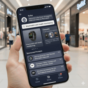 A hand holds a smartphone in a bright shopping mall, showing an app called “Rufus” that welcomes users and searches for “Smartwatch with health monitoring.” The screen displays product tiles and a “Sponsored Prompts” section with ad-labeled suggestions, highlighting how shopping queries can be influenced by sponsored follow-ups.