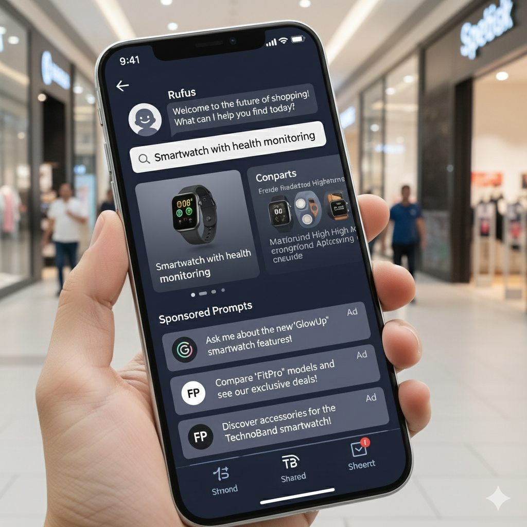 A hand holds a smartphone in a bright shopping mall, showing an app called “Rufus” that welcomes users and searches for “Smartwatch with health monitoring.” The screen displays product tiles and a “Sponsored Prompts” section with ad-labeled suggestions, highlighting how shopping queries can be influenced by sponsored follow-ups.