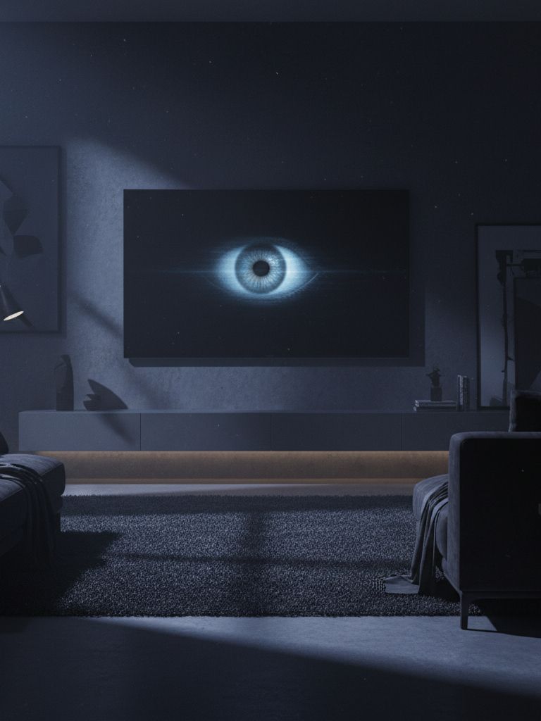 Dim, modern living room at night with a wall-mounted smart TV displaying a glowing blue eye. The dark, quiet setting and watchful image evoke the feeling of entertainment turning into surveillance.