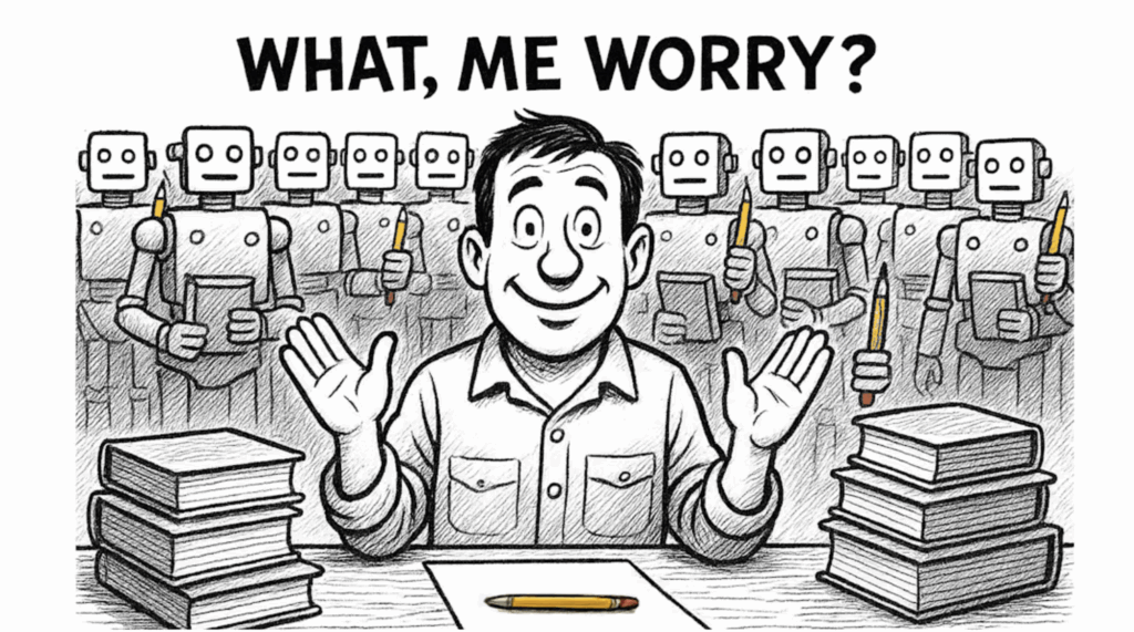 Black-and-white cartoon of a smiling man at a desk with stacks of books while a row of identical robots behind him hold yellow pencils, under the headline “WHAT, ME WORRY?”.