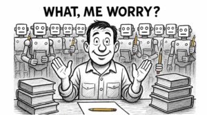 Black-and-white cartoon of a smiling man at a desk with stacks of books while a row of identical robots behind him hold yellow pencils, under the headline “WHAT, ME WORRY?”.