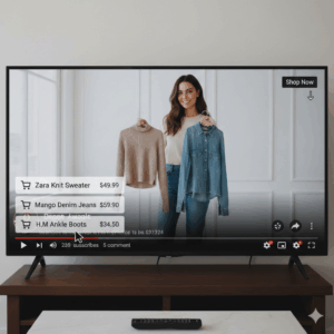 A smart TV shows a shoppable video of a smiling woman holding up clothes while on-screen tags list items like a Zara knit sweater, Mango denim jeans, and H&M ankle boots with prices.