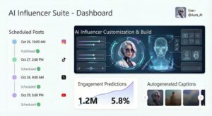 A sleek dashboard interface shows an AI influencer management platform with scheduled social posts, avatar customization tools, engagement predictions, and autogenerated captions.