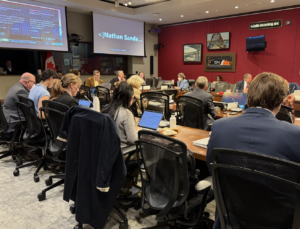 Members of the Senate of Canada Transportation and Communications committee meeting to research AI and content production and distribution.