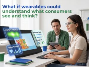 A woman wearing smart glasses analyzes a digital advertisement featuring beverage products, surrounded by AI-powered visualizations of consumer attention, interest, and message effectiveness. Text asks, “What if wearables could understand what consumers see and think?”